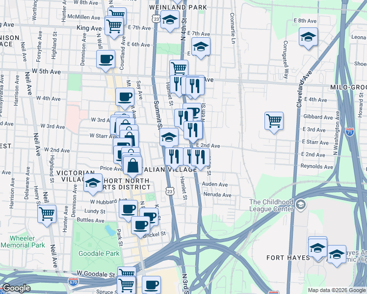 map of restaurants, bars, coffee shops, grocery stores, and more near 192 East 2nd Avenue in Columbus