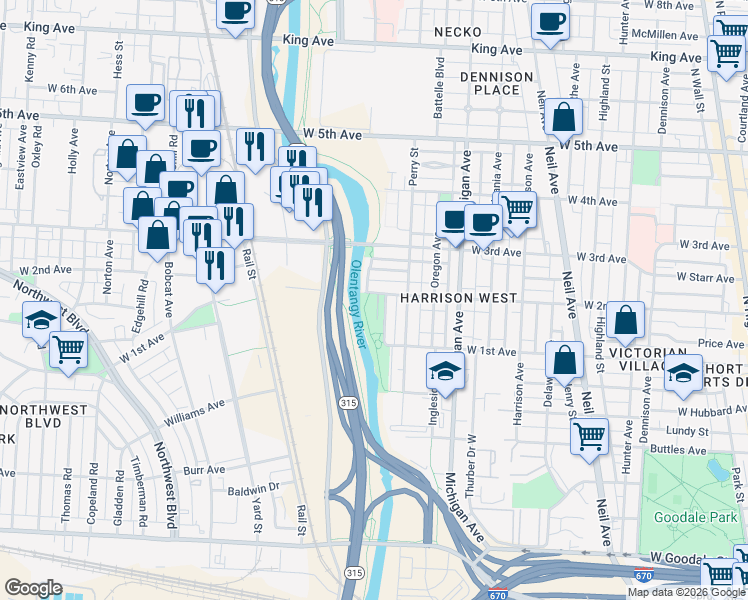 map of restaurants, bars, coffee shops, grocery stores, and more near 587 West 2nd Avenue in Columbus