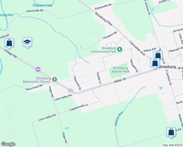 map of restaurants, bars, coffee shops, grocery stores, and more near 312 Susan Avenue in Strasburg