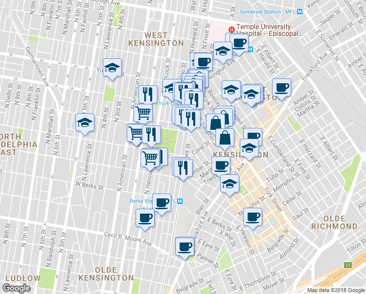 map of restaurants, bars, coffee shops, grocery stores, and more near 2117 North Hope Street in Philadelphia