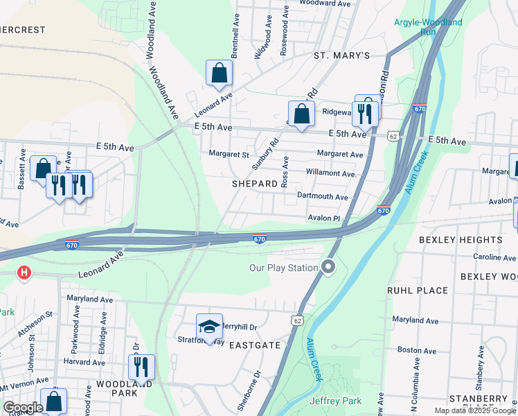 map of restaurants, bars, coffee shops, grocery stores, and more near 2077 Dartmouth Avenue in Columbus