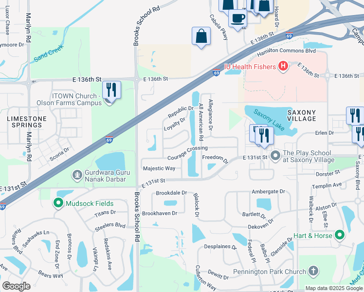 map of restaurants, bars, coffee shops, grocery stores, and more near 12709 Endurance Drive in Fishers