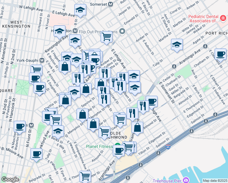 map of restaurants, bars, coffee shops, grocery stores, and more near 2572 Tulip Street in Philadelphia