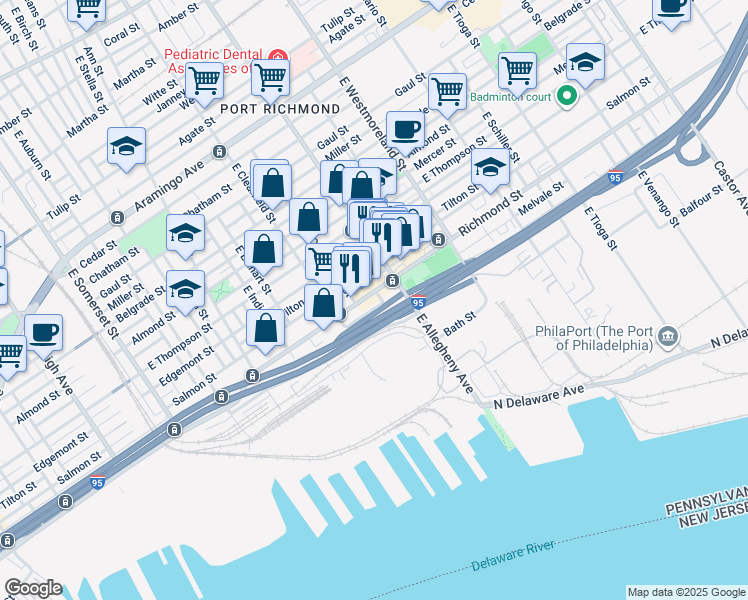 map of restaurants, bars, coffee shops, grocery stores, and more near 3153 1/2 Richmond Street in Philadelphia