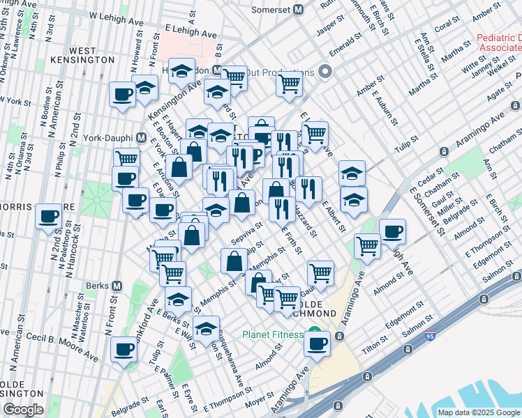 map of restaurants, bars, coffee shops, grocery stores, and more near 2147 East Cumberland Street in Philadelphia