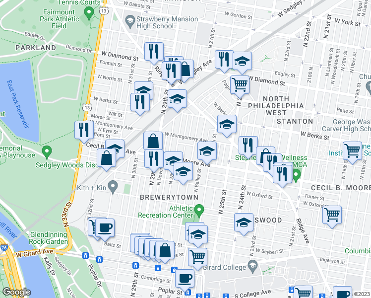 map of restaurants, bars, coffee shops, grocery stores, and more near 1727 North Marston Street in Philadelphia