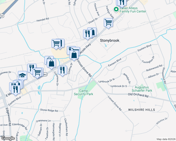 map of restaurants, bars, coffee shops, grocery stores, and more near 123 Locust Grove Road in York