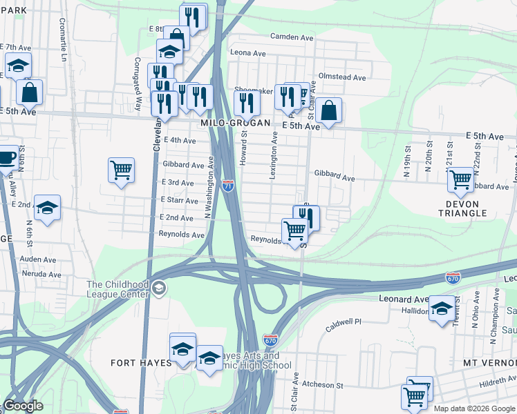 map of restaurants, bars, coffee shops, grocery stores, and more near 796 East Starr Avenue in Columbus