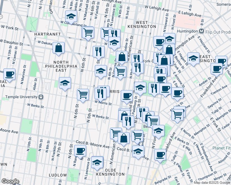 map of restaurants, bars, coffee shops, grocery stores, and more near 266 Diamond Street in Philadelphia