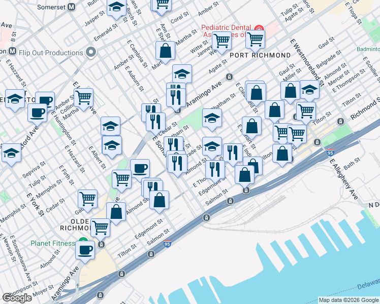 map of restaurants, bars, coffee shops, grocery stores, and more near 2523 East Auburn Street in Philadelphia