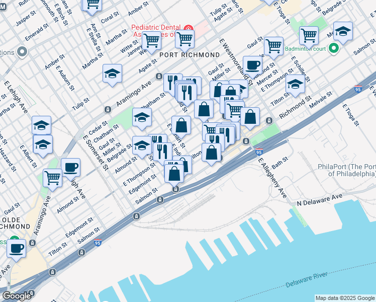 map of restaurants, bars, coffee shops, grocery stores, and more near 3022 Edgemont Street in Philadelphia