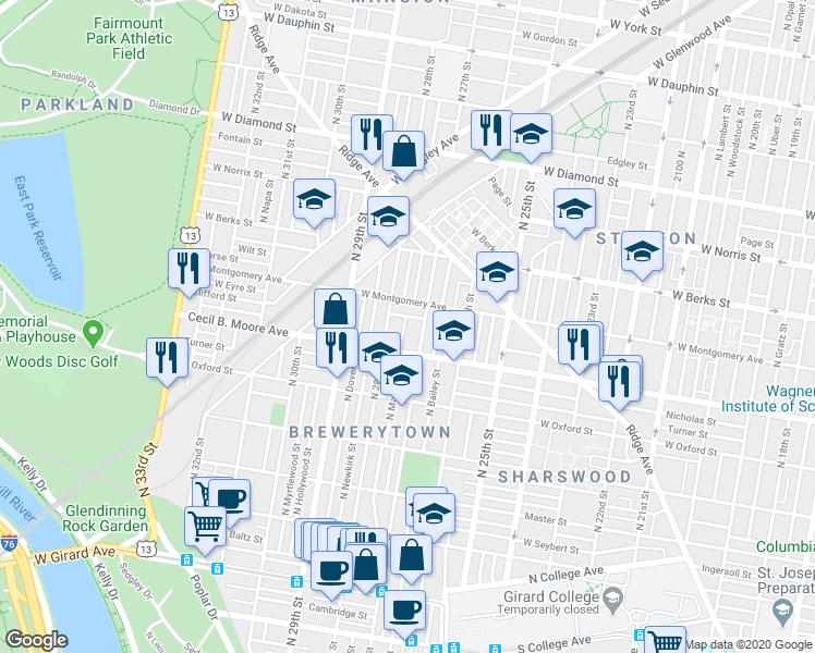 map of restaurants, bars, coffee shops, grocery stores, and more near 1727 North Marston Street in Philadelphia