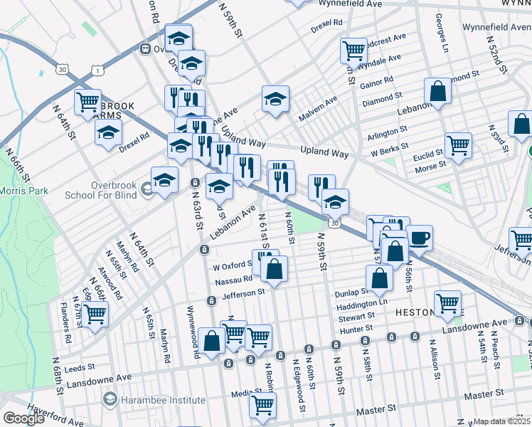 map of restaurants, bars, coffee shops, grocery stores, and more near 1943 North 61st Street in Philadelphia