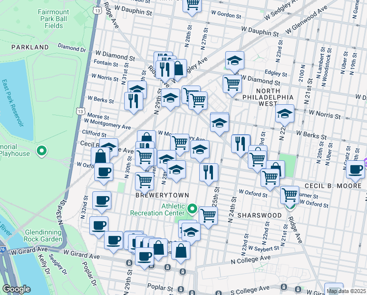 map of restaurants, bars, coffee shops, grocery stores, and more near 1730 North 27th Street in Philadelphia