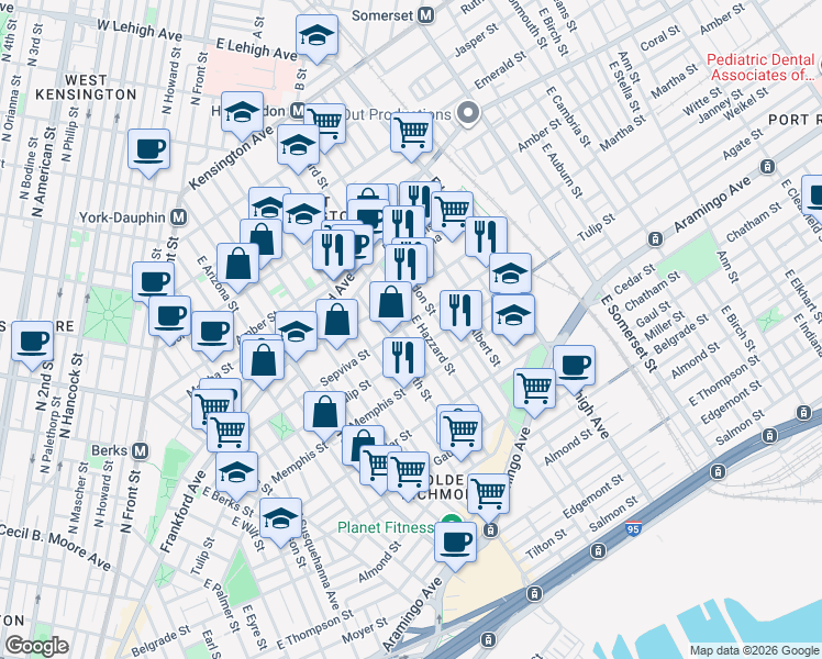 map of restaurants, bars, coffee shops, grocery stores, and more near 2536 Sepviva Street in Philadelphia