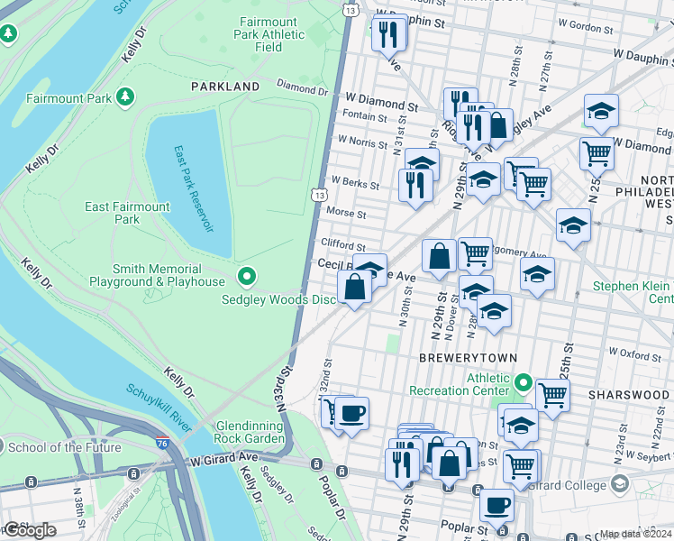 map of restaurants, bars, coffee shops, grocery stores, and more near 3204 Cecil B. Moore Avenue in Philadelphia