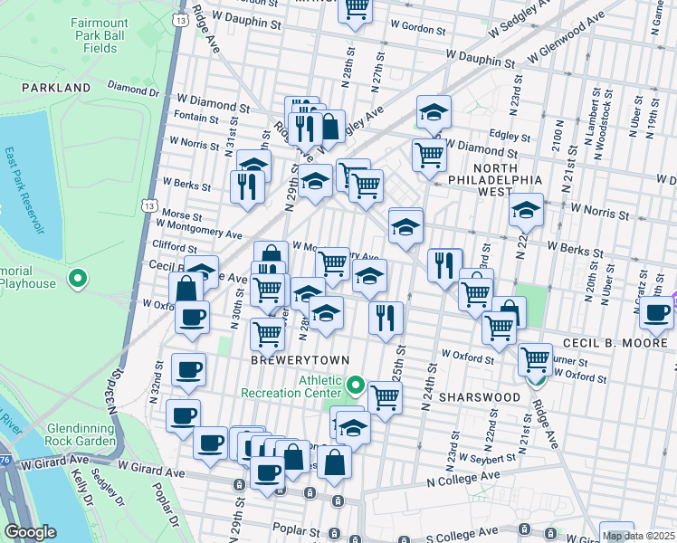 map of restaurants, bars, coffee shops, grocery stores, and more near 1730 North 27th Street in Philadelphia