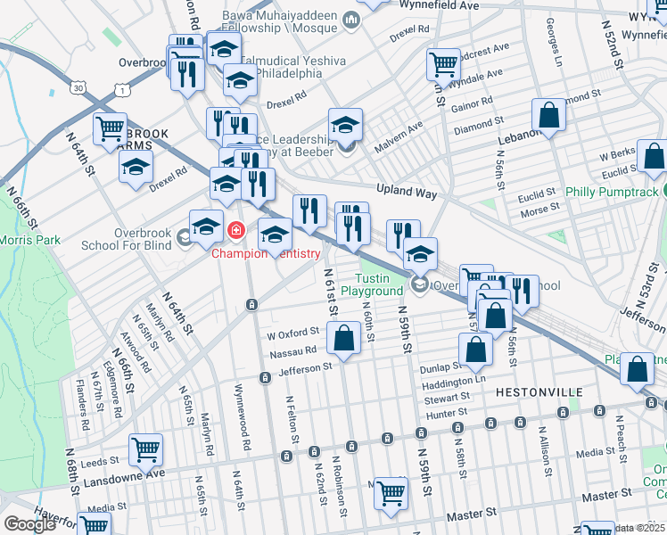 map of restaurants, bars, coffee shops, grocery stores, and more near 1943 North 61st Street in Philadelphia
