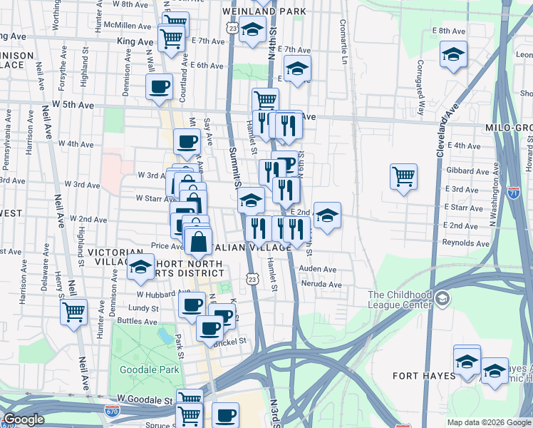 map of restaurants, bars, coffee shops, grocery stores, and more near 192 East 2nd Avenue in Columbus