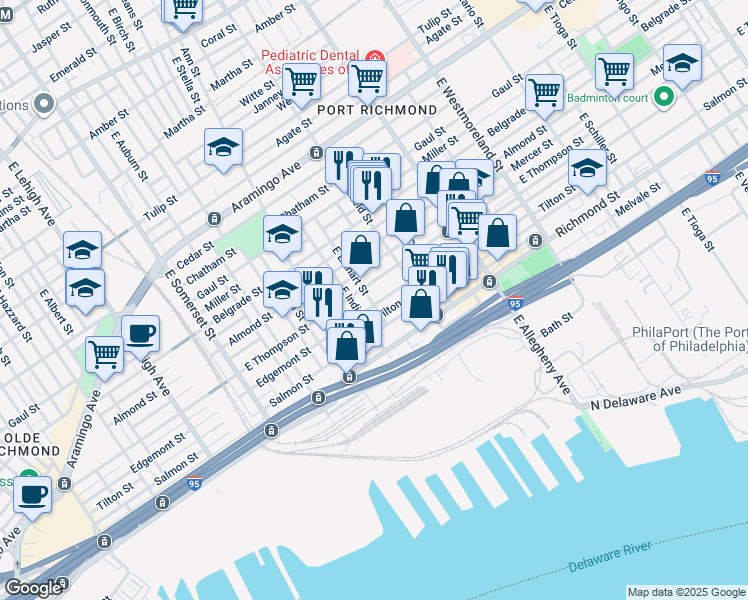 map of restaurants, bars, coffee shops, grocery stores, and more near 3022 Edgemont Street in Philadelphia
