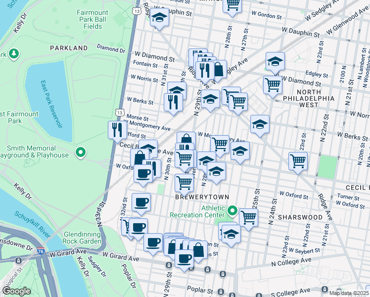 map of restaurants, bars, coffee shops, grocery stores, and more near 1717 North Hollywood Street in Philadelphia