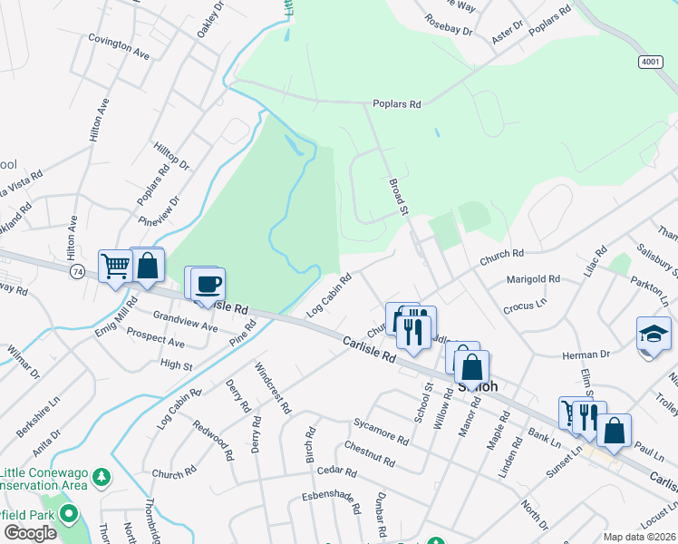 map of restaurants, bars, coffee shops, grocery stores, and more near 2149 Log Cabin Road in York