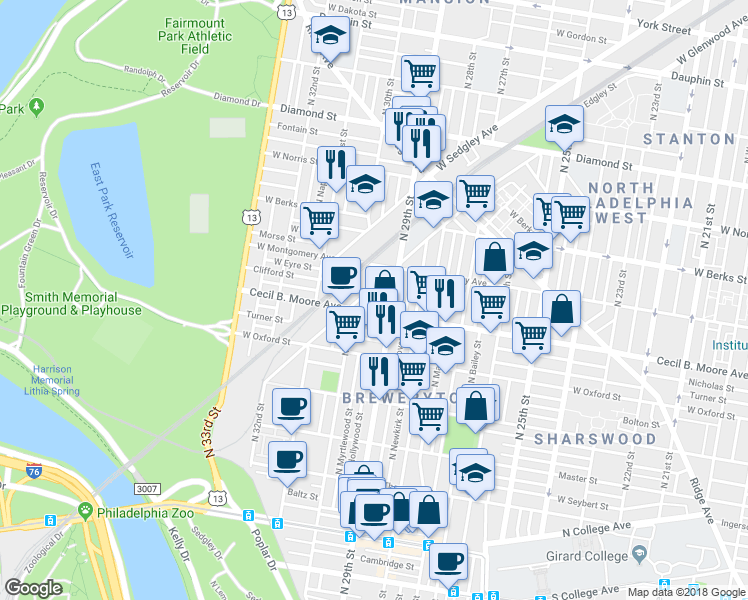 map of restaurants, bars, coffee shops, grocery stores, and more near 1714 North Hollywood Street in Philadelphia