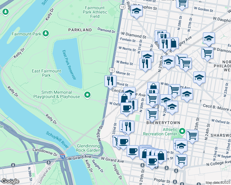 map of restaurants, bars, coffee shops, grocery stores, and more near 3220 Cecil B. Moore Avenue in Philadelphia