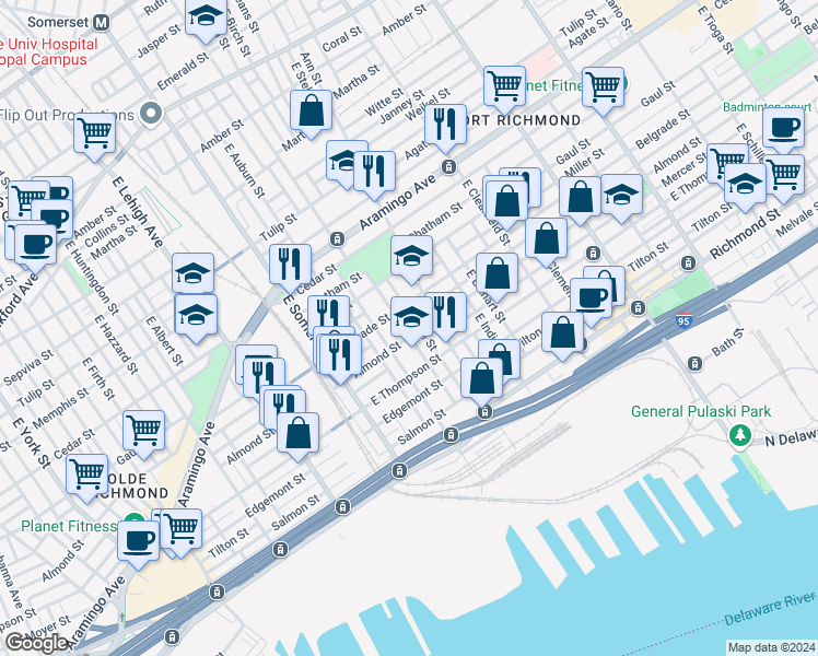 map of restaurants, bars, coffee shops, grocery stores, and more near 2559 East Monmouth Street in Philadelphia