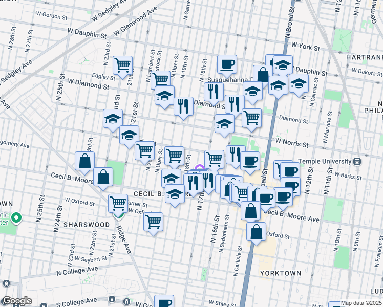 map of restaurants, bars, coffee shops, grocery stores, and more near 1843 North 18th Street in Philadelphia