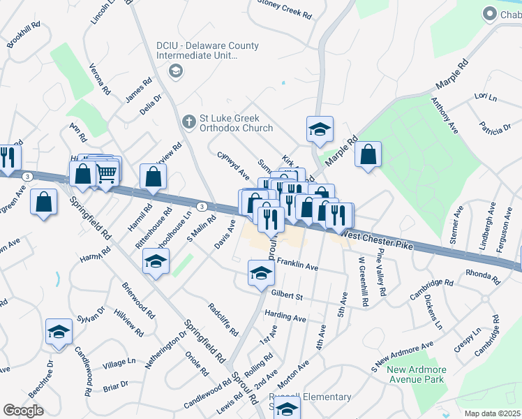 map of restaurants, bars, coffee shops, grocery stores, and more near 2601 West Chester Pike in Broomall