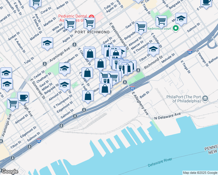 map of restaurants, bars, coffee shops, grocery stores, and more near 3114 Emery Street in Philadelphia