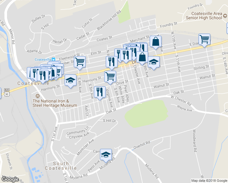 map of restaurants, bars, coffee shops, grocery stores, and more near 80 South 6th Avenue in Coatesville