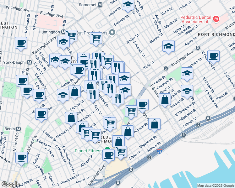 map of restaurants, bars, coffee shops, grocery stores, and more near 2630 Memphis Street in Philadelphia