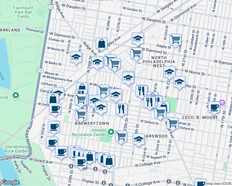 map of restaurants, bars, coffee shops, grocery stores, and more near 1747 North Bailey Street in Philadelphia