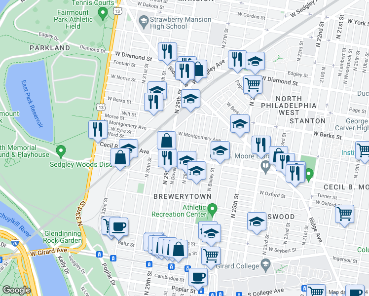 map of restaurants, bars, coffee shops, grocery stores, and more near 1731 North Newkirk Street in Philadelphia