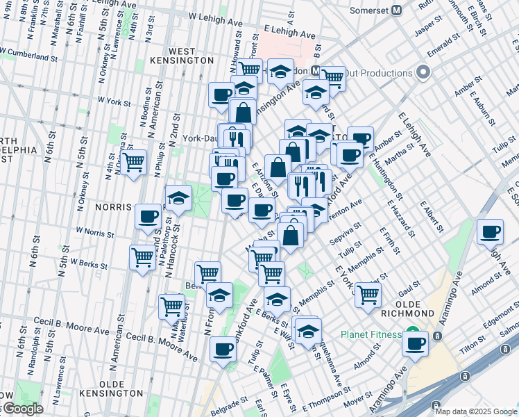 map of restaurants, bars, coffee shops, grocery stores, and more near 2043 East Fletcher Street in Philadelphia