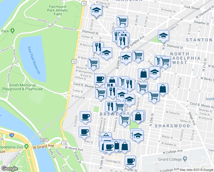 map of restaurants, bars, coffee shops, grocery stores, and more near 2942 West Glenwood Avenue in Philadelphia