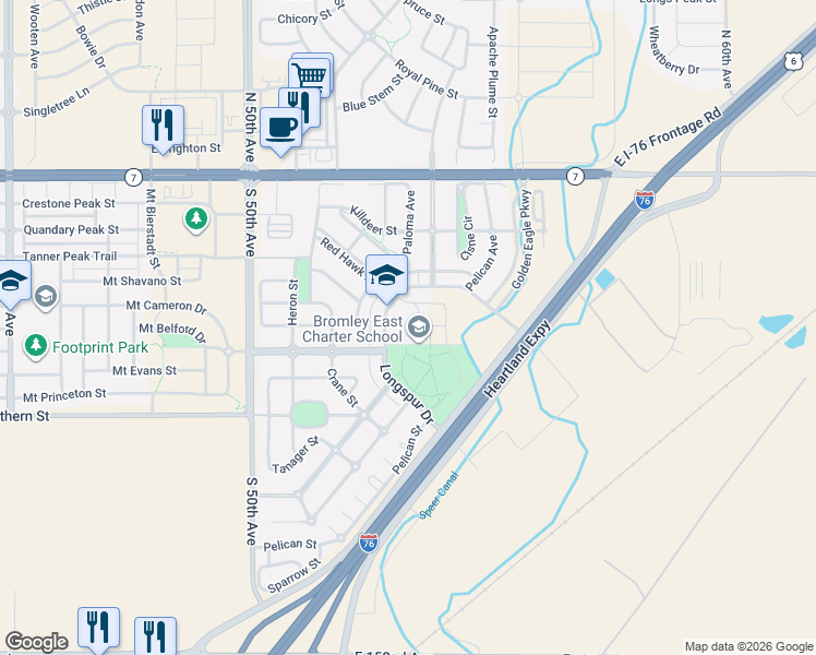 map of restaurants, bars, coffee shops, grocery stores, and more near 356 Longspur Drive in Brighton