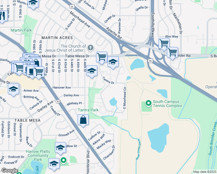 map of restaurants, bars, coffee shops, grocery stores, and more near 755 West Moorhead Circle in Boulder