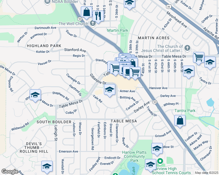 map of restaurants, bars, coffee shops, grocery stores, and more near 801 Gillaspie Drive in Boulder
