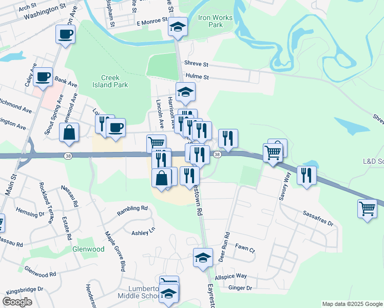 map of restaurants, bars, coffee shops, grocery stores, and more near 1655 New Jersey 38 in Mount Holly