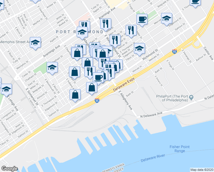 map of restaurants, bars, coffee shops, grocery stores, and more near in Philadelphia