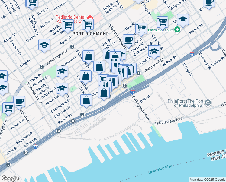 map of restaurants, bars, coffee shops, grocery stores, and more near 3127 Salmon Street in Philadelphia