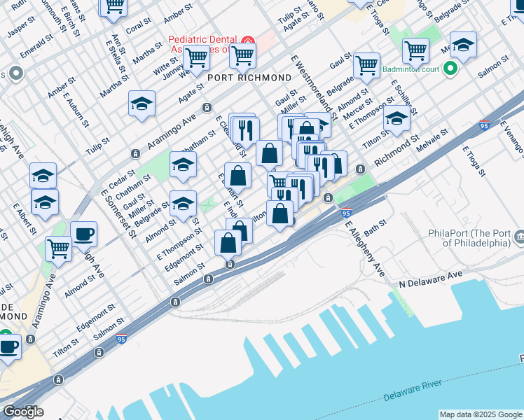 map of restaurants, bars, coffee shops, grocery stores, and more near 3049 Edgemont Street in Philadelphia