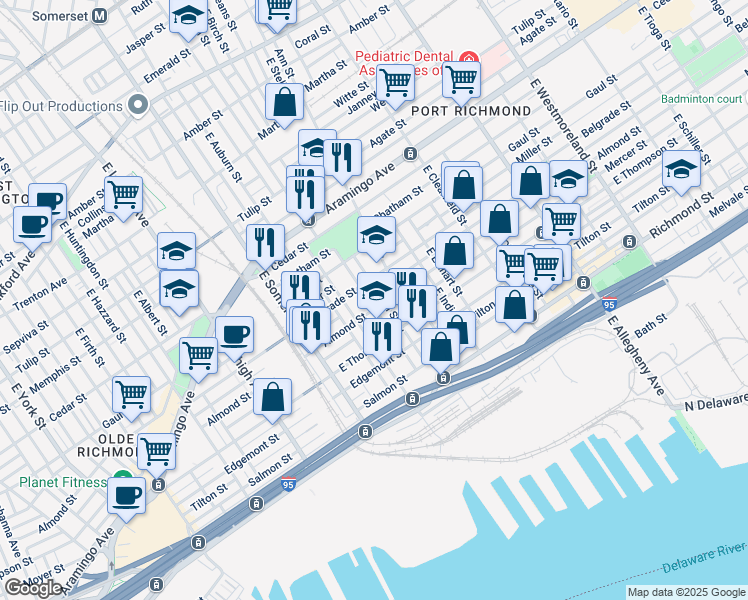 map of restaurants, bars, coffee shops, grocery stores, and more near 2559 East Monmouth Street in Philadelphia