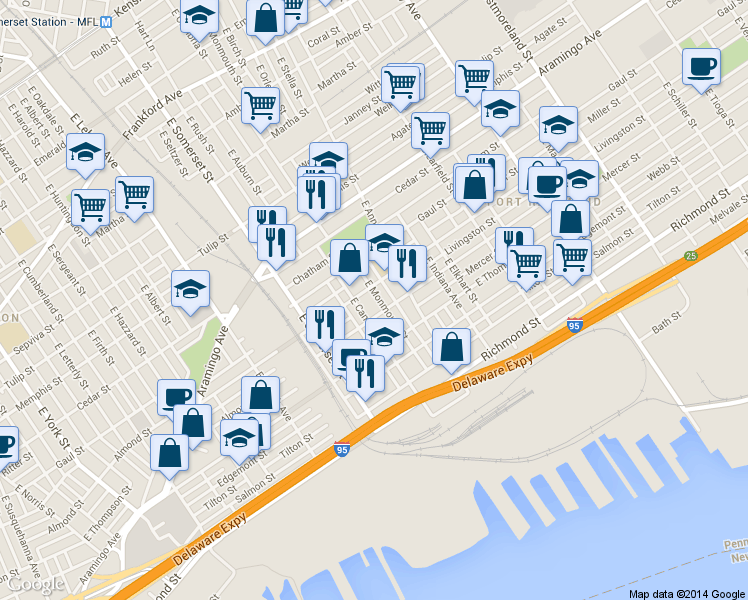 map of restaurants, bars, coffee shops, grocery stores, and more near 2534 East Monmouth Street in Philadelphia