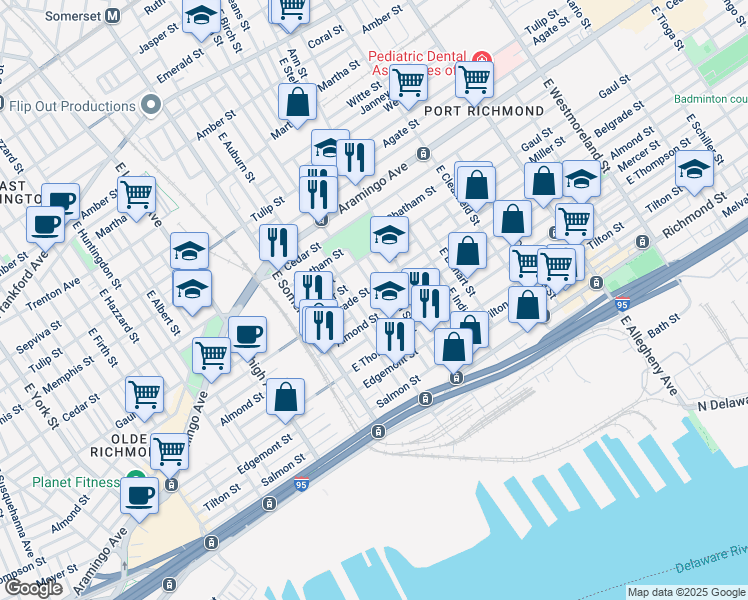 map of restaurants, bars, coffee shops, grocery stores, and more near 2534 East Monmouth Street in Philadelphia