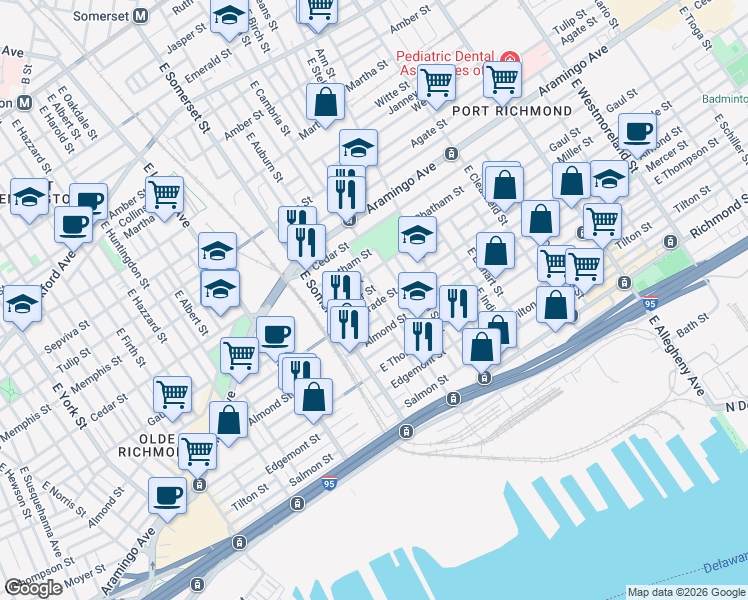 map of restaurants, bars, coffee shops, grocery stores, and more near 2523 East Auburn Street in Philadelphia