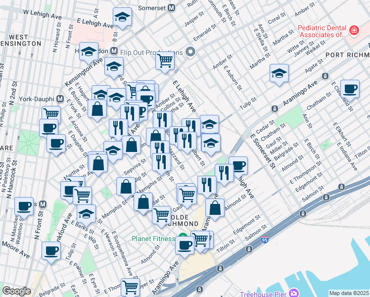 map of restaurants, bars, coffee shops, grocery stores, and more near 2223 East Huntingdon Street in Philadelphia